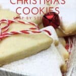 Bredele cookies in a box sprinkled with icing sugar and tied with twine: Pin with text.