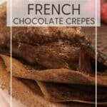 Stacked crepes with crispy edges on a dessert plate: Pin with text.