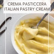 Italian pastry cream with a spoon in a bowl: Pin with text.