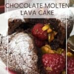 Raspberry lava cake dusted with icing sugar on a white plate: Pin with text.
