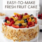 Fresh fruit cake on a serving plate with fresh berries: Pin with text.