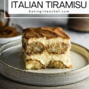 A single slice of Italian tiramisu on a plate: Pin with text.