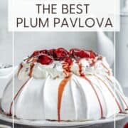 Perfect plum Pavlova on a dessert plate: Pin with text.