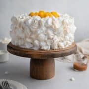 Torta Chaja decorated with crushed meringue and canned peaches on a cake stand.
