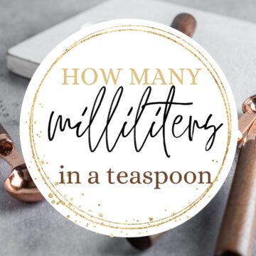 Teaspoons with text overlay: How many milliliters in a teaspoon.