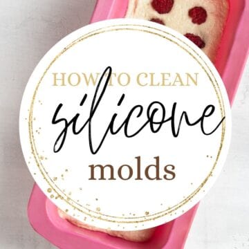 Cake batter in a silicone mold with text overlay: How to clean silicone molds.