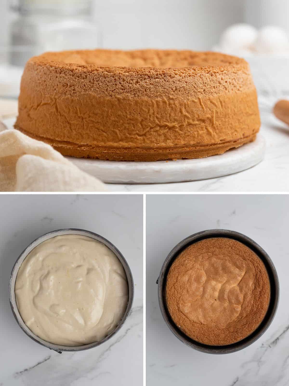 Collage of photos showing the process of making a sponge cake.