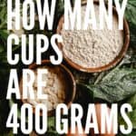 Almond flour, almonds, and eggs with greens: Pin with text.