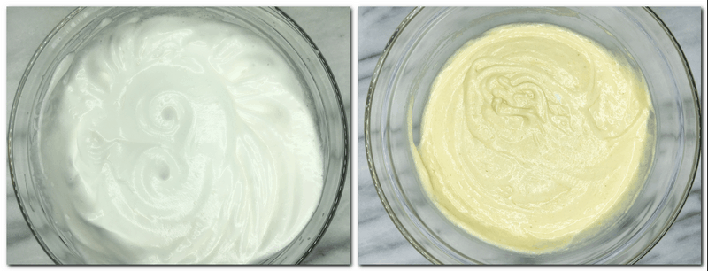 Photo 5: Beaten egg whites in a bowl Photo 6: Ready cake batter in a bowl