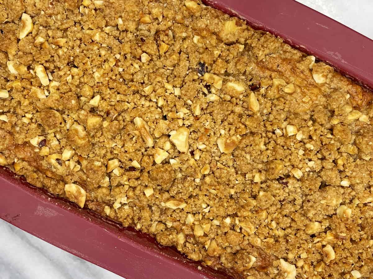 Baked apple crumble bread in a mold