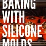 Red silicone molds with muffins in the oven: Pin with text.