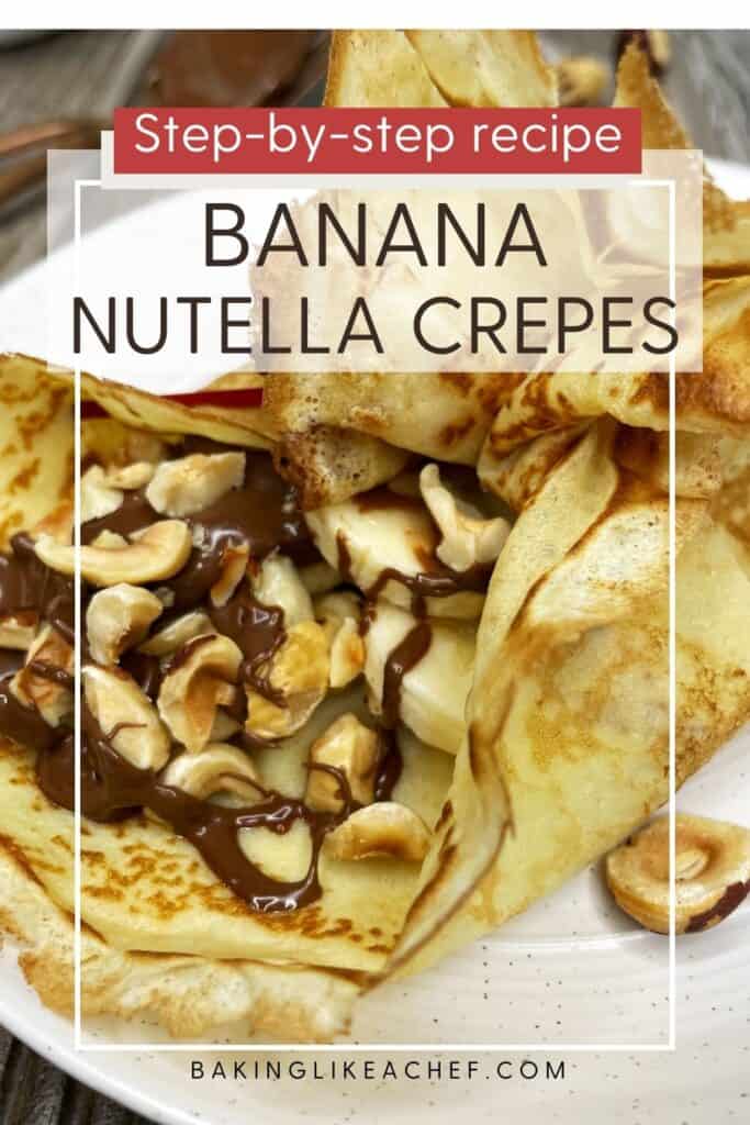 Crepe with Nutella and bananas tied like a crepe purse: Pin with text.
