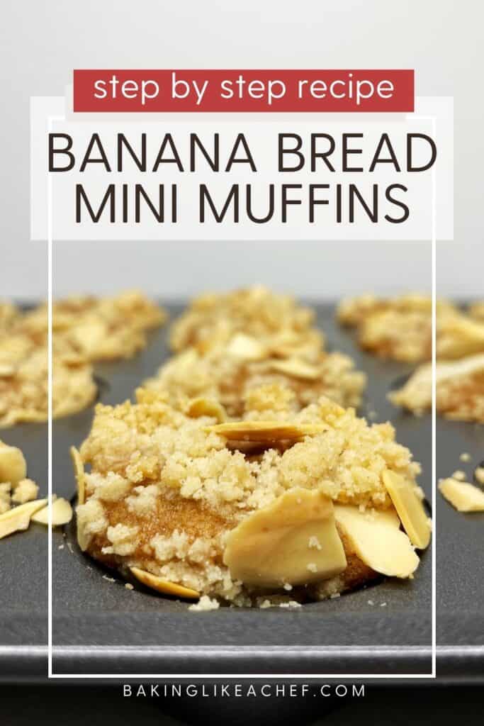 Baked mini banana bread muffins in a muffin tin: Pin with text.