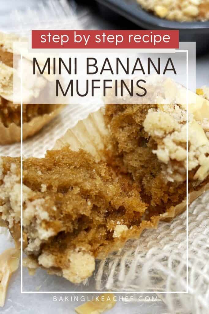 Halved mini banana muffin on a burlap ribbon: Pin with text.