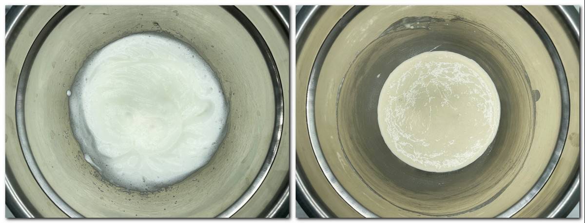 Photo 1: Beaten egg whites in a bowl Photo 2: Batter mixture in a bowl