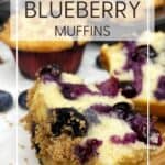 Sliced muffin featuring lots of blueberries; other muffins in a baking pan: Pin with text.