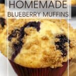 Blueberry muffin with streusel on top: Pin with text.