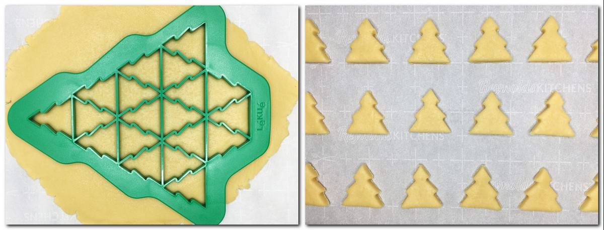 Photo 3: Christmas tree cookie cutter puzzle onto the dough Photo 4: Cookies on parchment