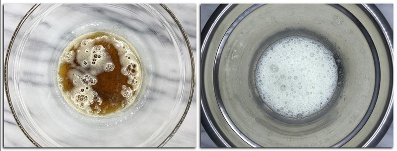 Photo 1: Brown butter in a glass bowl Photo 2: Whisked egg whites in a metal bowl