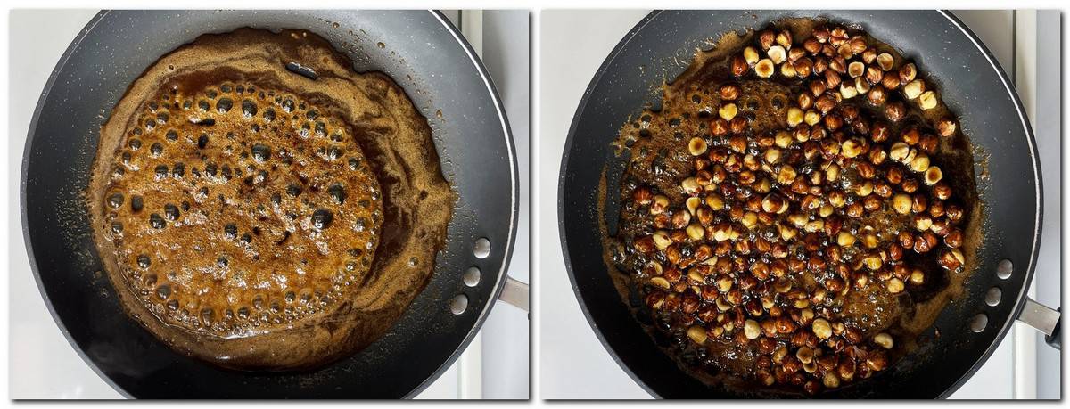 Photo 1: Boiling sugar syrup Photo 2: Nuts in a hot sugar syrup