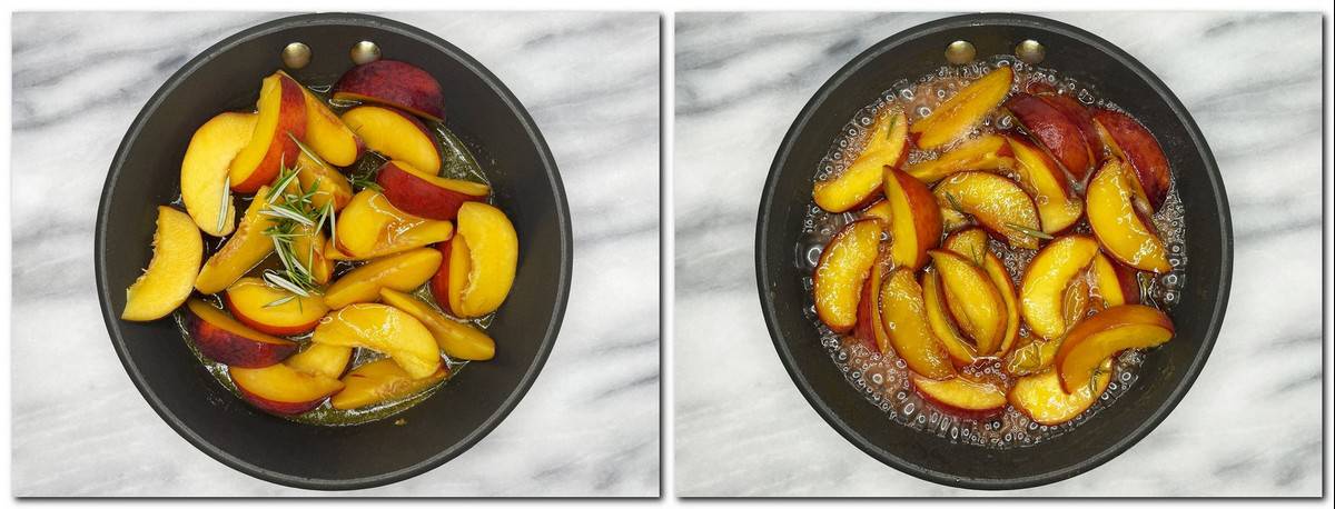 Photo 1: Peaches with rosemary in a pan Photo 2: Caramelizing peaching in a skillet