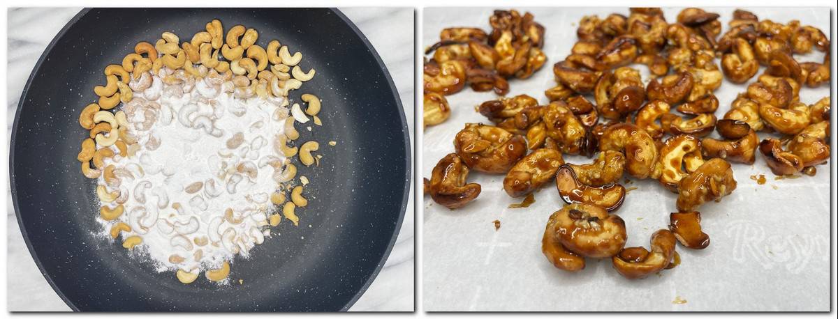 Photo 1: Cashews and icing sugar in a pan Photo 2: Caramelized nuts on parchment paper