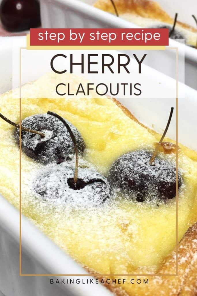 Ready cherry clafoutis served in individual dishes on a striped kitchen towel Pin with text