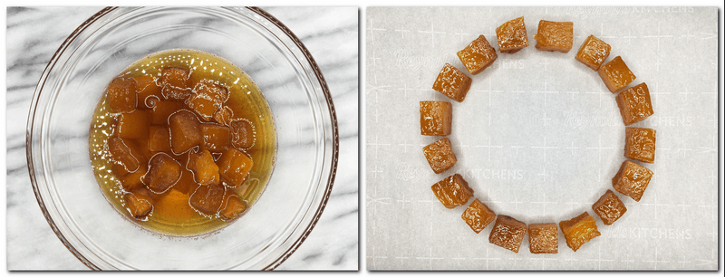 Photo 1: Pumpkin cubes with the syrup in a bowl Photo 2: Pumpkin cubes on parchment