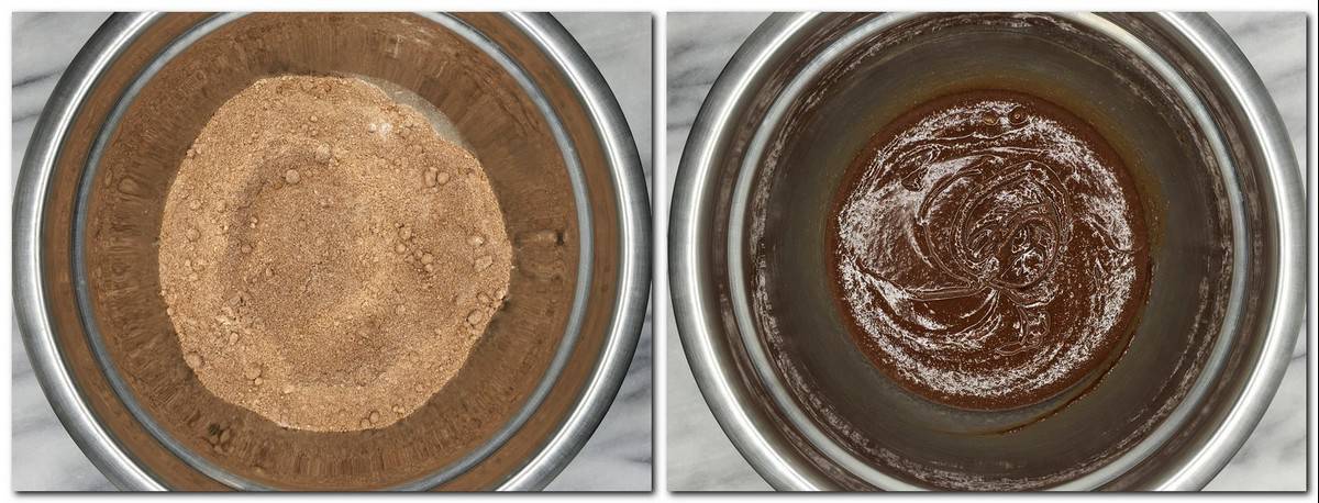 Photo 1: Dry ingredients mixture in a bowl Photo 2: Ready batter in a metal bowl
