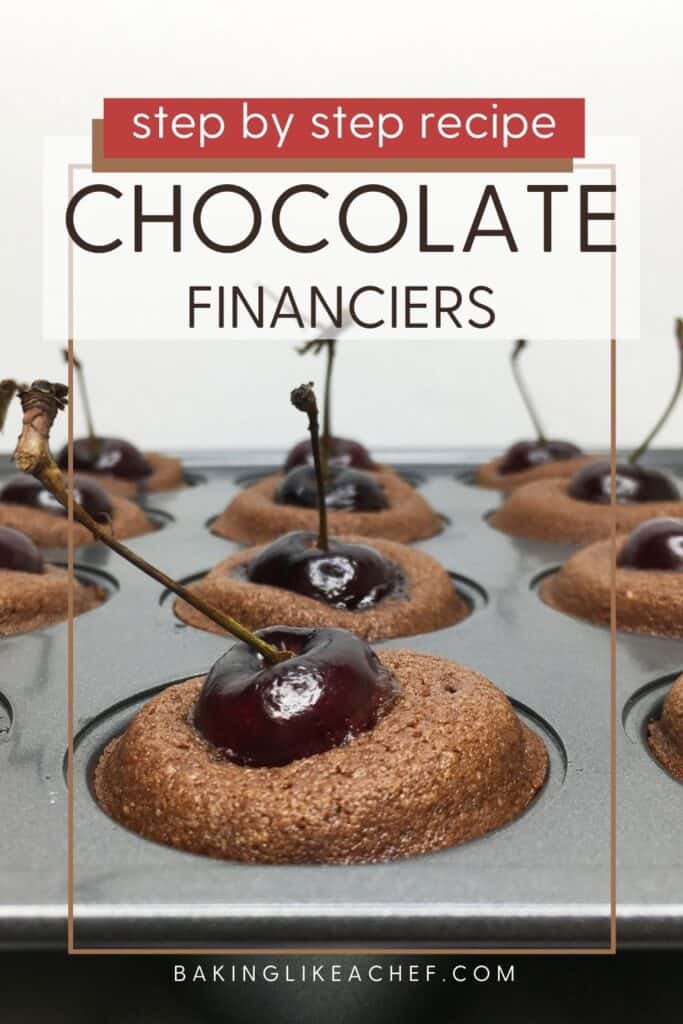 Chocolate financiers topped with cherries in a mini muffin pan: Pin with text