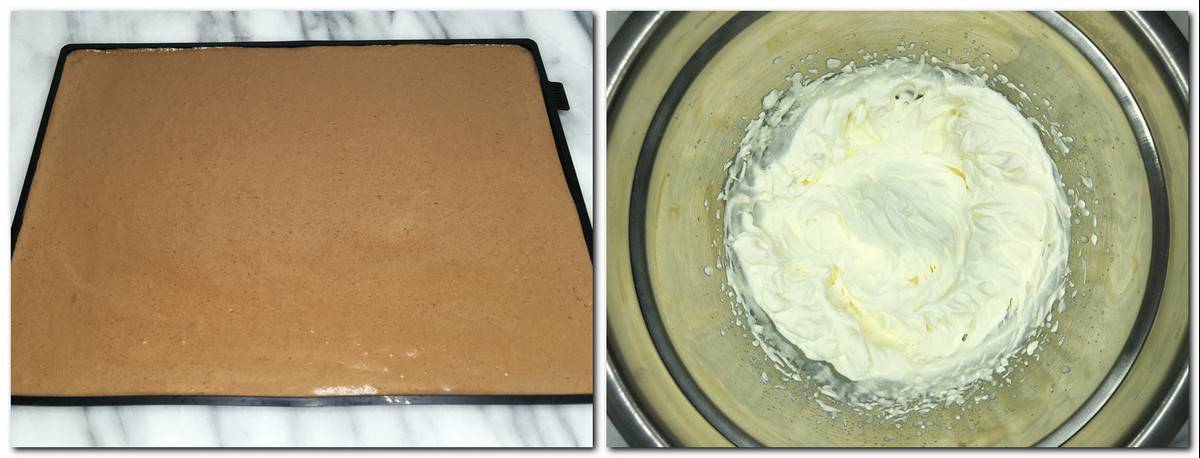 Photo 3: Biscuit dough on a baking sheet Photo 4: Whipped cream in a metal bowl