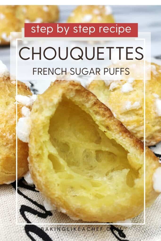 Three chouquettes with one of them sliced and the rest of choux puffs: Pin with text.
