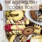 Christmas cookie box full of decorated spritz cookies: Pin with text.
