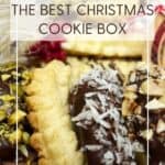 Spritz cookies arranged in a festive cookie box: Pin with text.