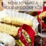 Spritz bredele cookies covered with chocolate in a Christmas cookie box: Pin with text.