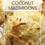 Three baked macaroons on parchment paper: Pin with text.