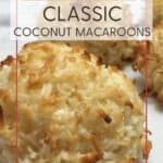 A small batch of French macaroons on a marble table: Pin with text.