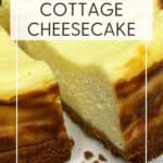Cottage cheese cake on a white serving platter: pin with text.