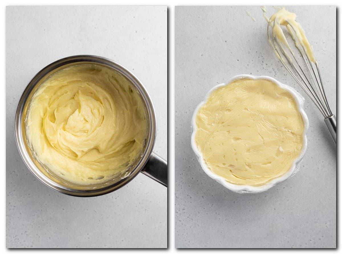 Photo 3: Cooked custard in a saucepan Photo 4: Cream with plastic wrap in a bowl 