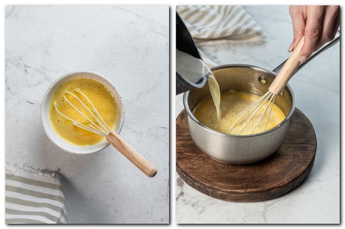 Photo 1: Egg yolks sugar mixture Photo 2: Pouring egg yolks milk mixture into a pot 