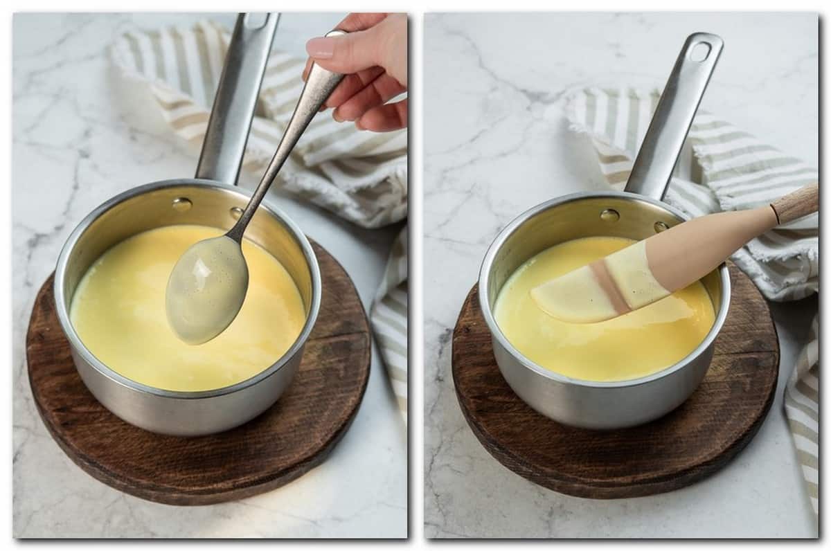 Photo 3: Spoon coated with vanilla custard Photo 4: Clear drawn line on a wooden spoon 