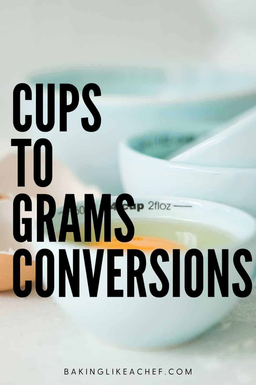 Baking cups with grams and ounces conversions; filled with egg yolks: Pin with text