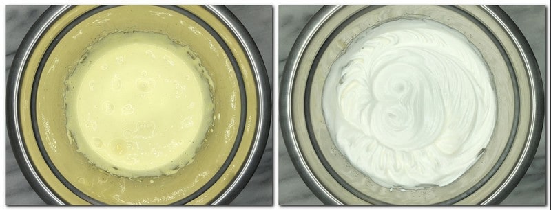 Photo 1. Egg yolks/sugar in a bowl Photo 2: Whisked egg whites in a bowl