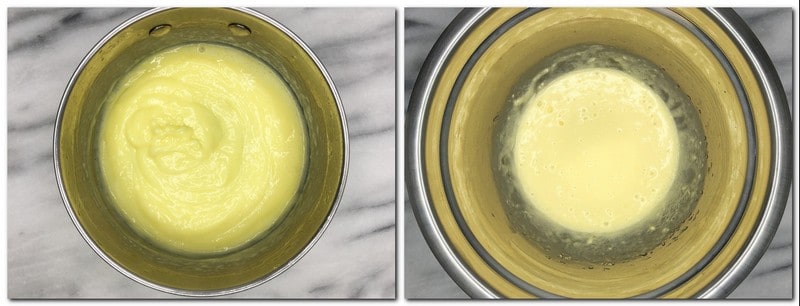 Photo 9: Pastry cream in a saucepan Photo 10: Whisked eggs/sugar syrup in a bowl