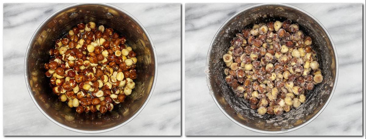 Photo 5: Hazelnuts coated with syrup in a saucepan Photo 6: Sugared nuts in a pan 