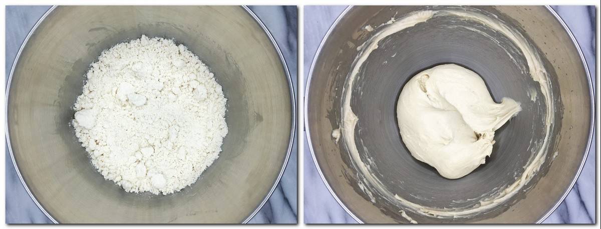 Photo 1: Dry ingredients in the bowl of stand mixer Photo 2: Dough in a bowl