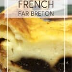 A slice of custard cake featuring prunes on a grey dessert plate: Pin with text.