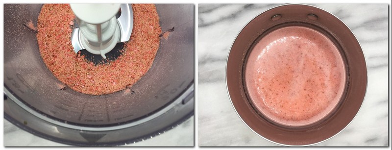 Photo 1: Crushed pink praline in a bowl Photo 2: Pink cream mixture in a saucepan