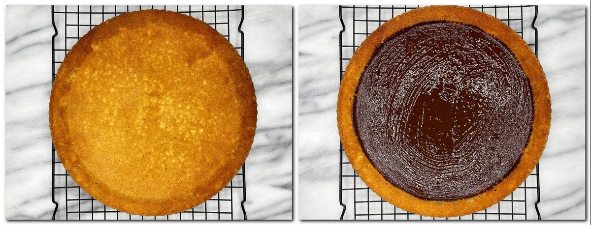 Фото 7: Запеченная форма для пирога на решетке Фото 8: Основа для пирога, покрытая шоколадом