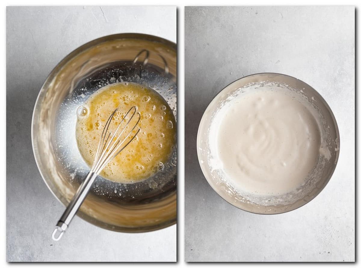 Photo 1: Beaten eggs and sugar in a bowl Photo 2: Ready sponge cake batter 